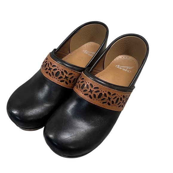 Dansko Leather Paven Clogs Shoes Black & Brown Cutout Details Comfortable 40 - Picture 1 of 7
